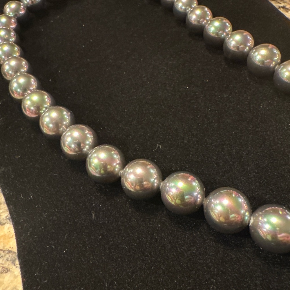 Graduated Gray Faux Pearl Necklace Sterling 925 CZ Clasp 16” Tahitian Style - Picture 3 of 4